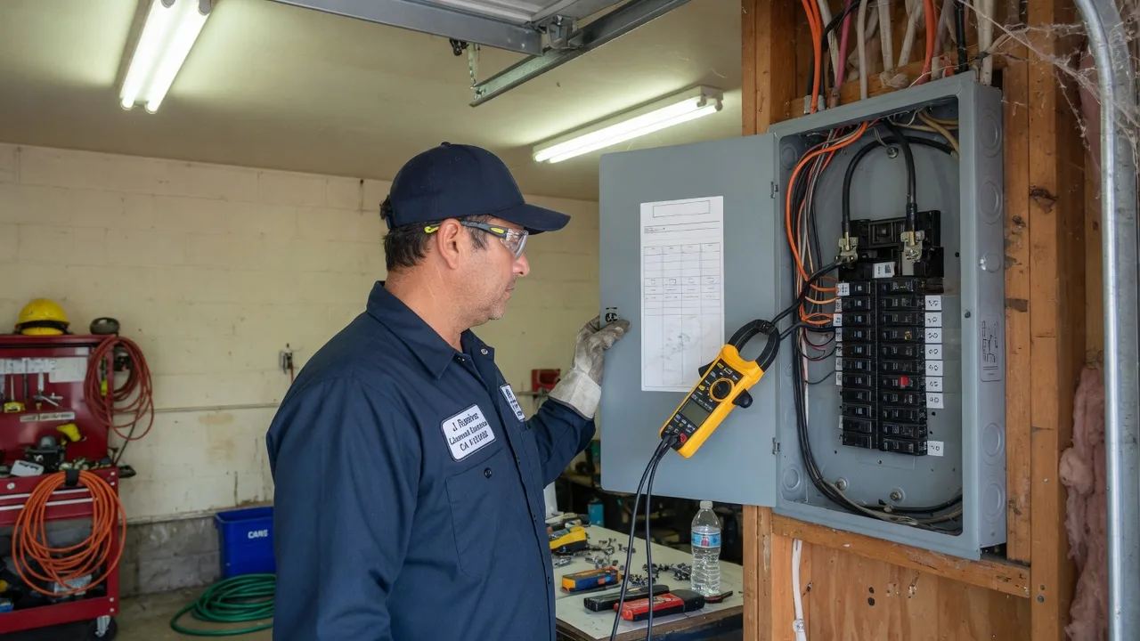 Homeowner and electrician reviewing a closed electrical panel