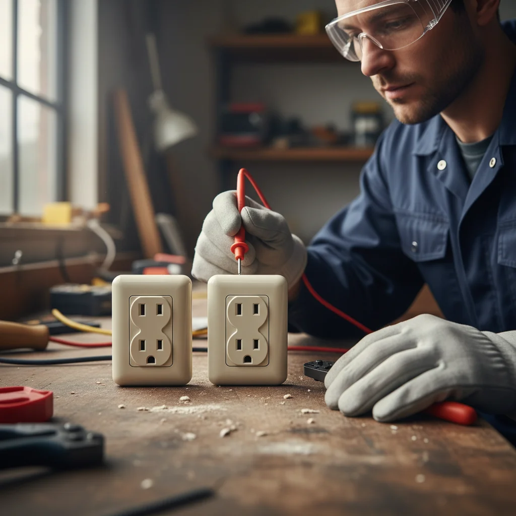 A close-up comparison of a 20-amp T-slot outlet and a standard 15-amp outlet.