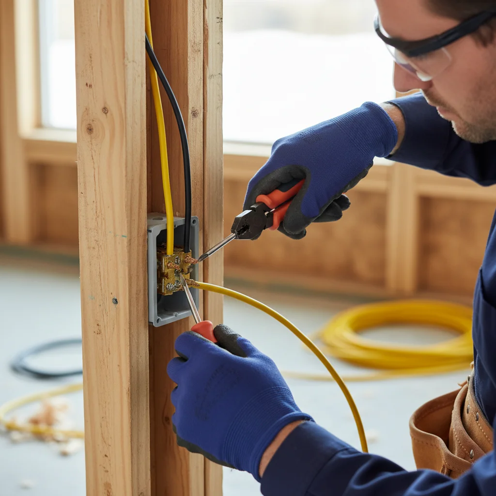 An electrician wiring a 20-amp outlet, with the thick 12-gauge yellow Romex visible.