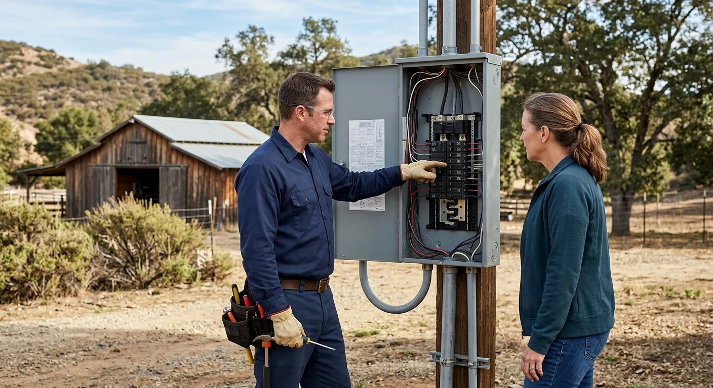 Licensed electrician reviewing an exterior panel at a Ramona property