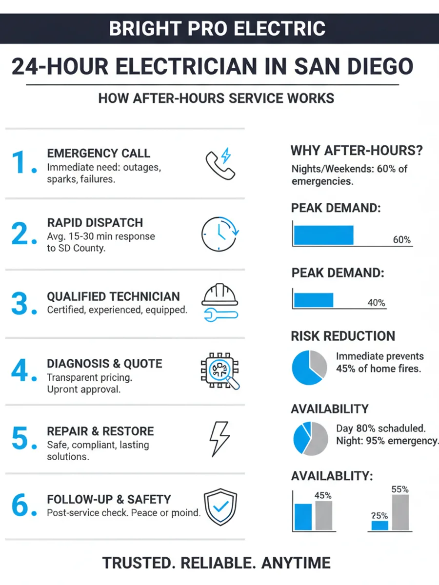 Infographic showing which electrical problems count as a real after-hours emergency versus which can wait until morning