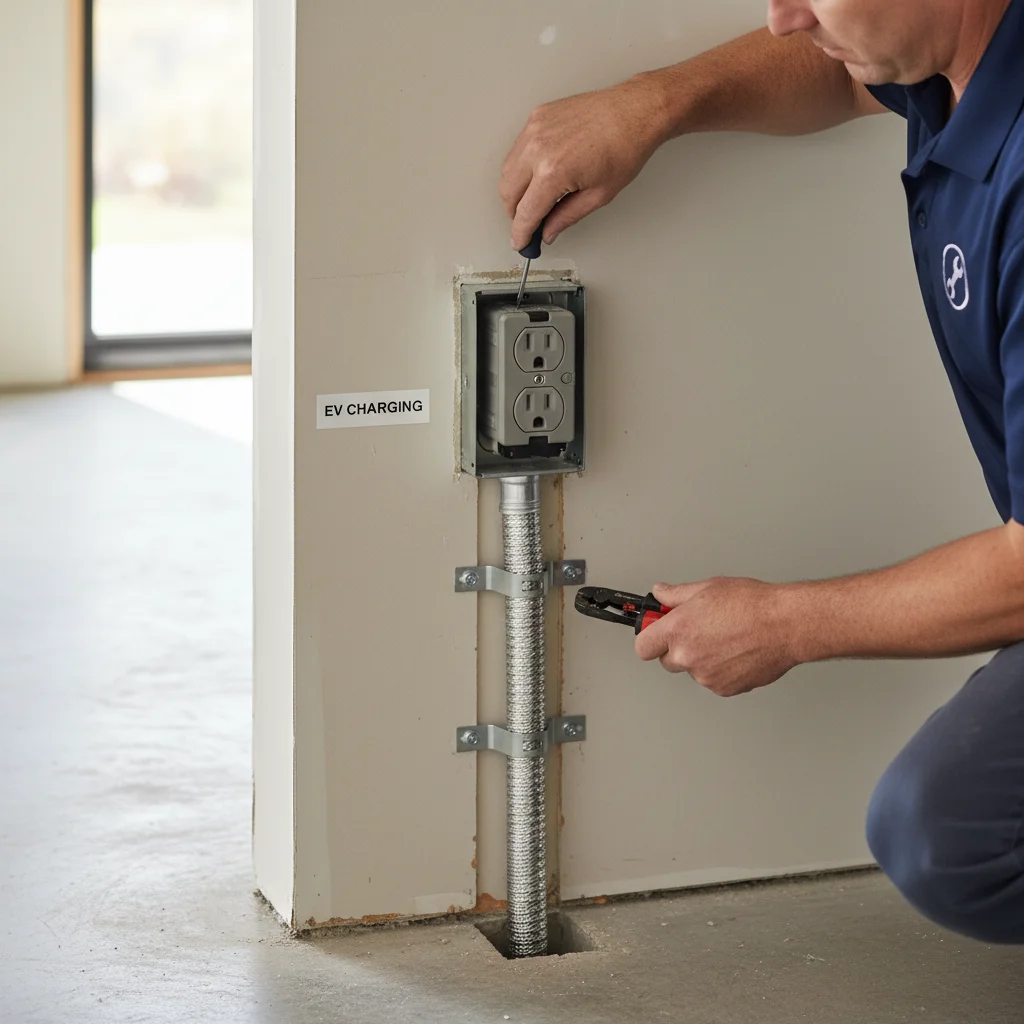 NEMA 14-50 outlet freshly installed on a garage wall next to a label and conduit