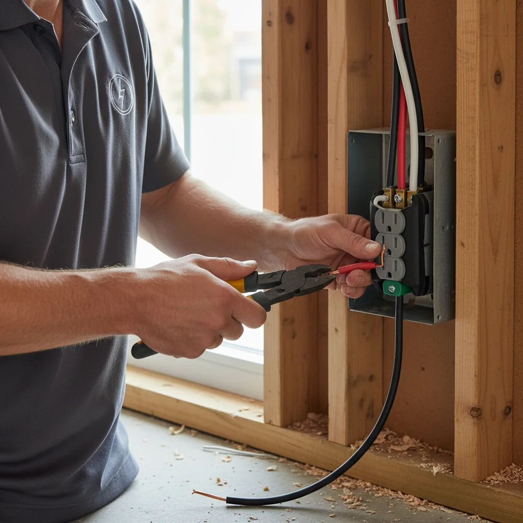 Electrician's hands wiring a 14-50 receptacle, red and black conductors visible 