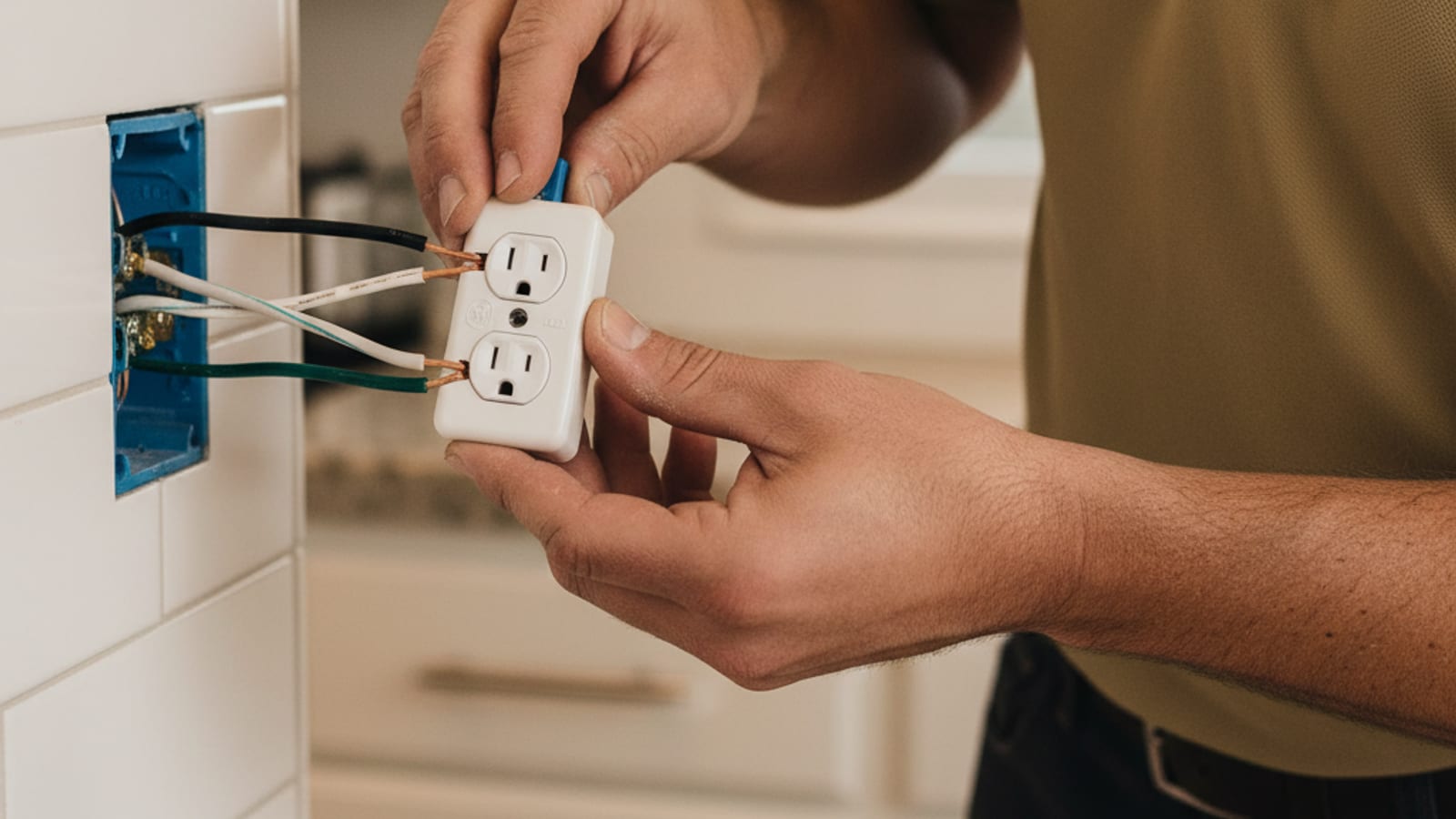 Electrician installing a new white duplex outlet on a kitchen wall with the wall plate removed and color-coded conductors visible inside the box