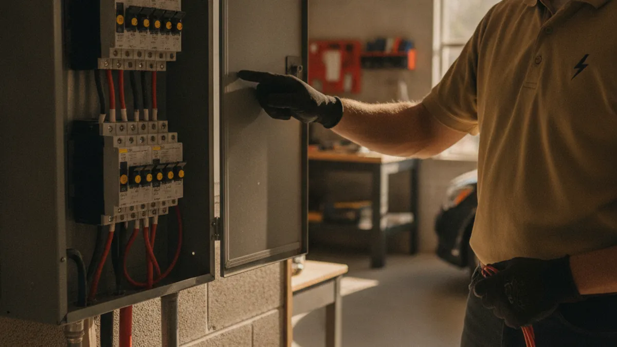 A row of arc-fault circuit interrupter breakers with test buttons installed in a residential electrical panel