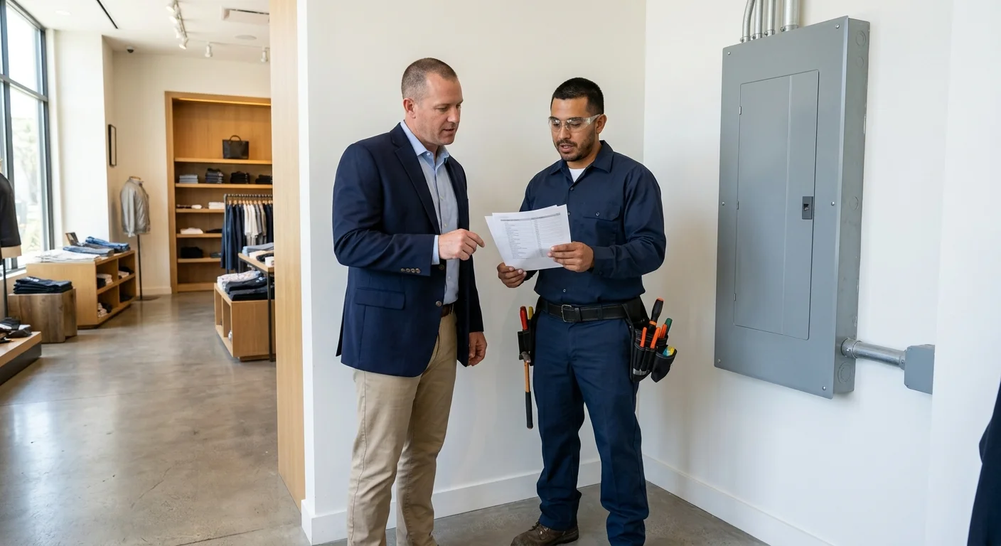 San Diego manager and electrician reviewing a closed retail panel