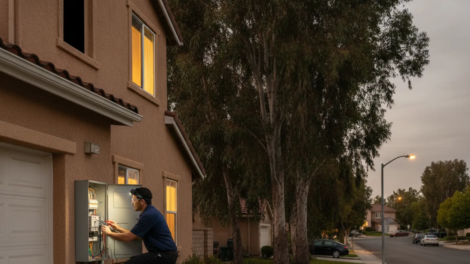 A Scripps Ranch homeowner standing away from an exterior electrical panel at dusk while holding a phone