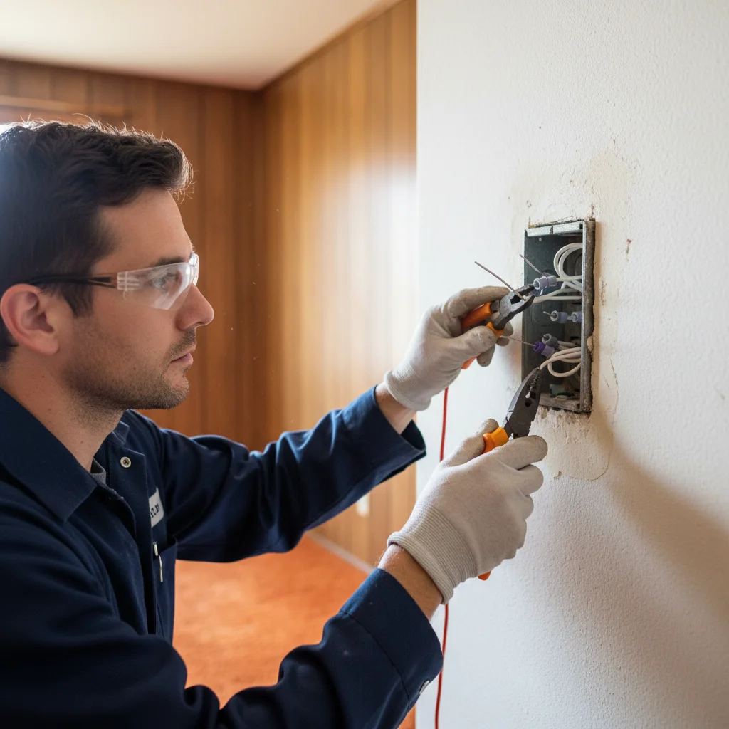 Electrician inspecting an outlet box with aluminum branch wiring inside a 1970s San Diego ranch home
