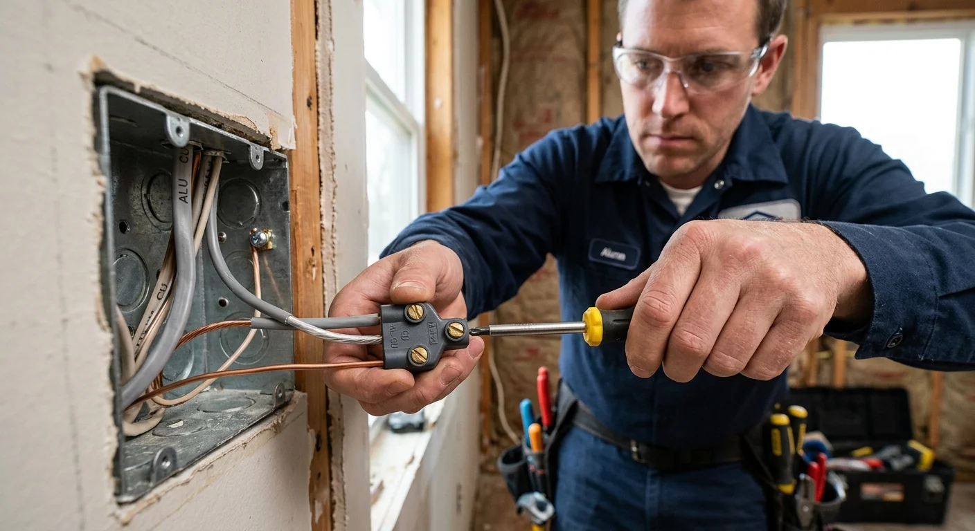 A close-up of an electrician expertly performing an alumiconn pigtail connection