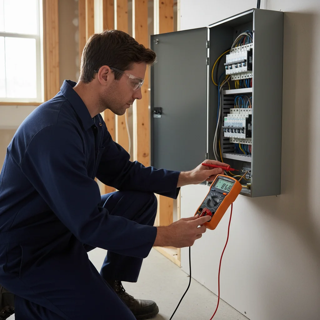 Electrician using a multimeter to test a circuit at an outlet box