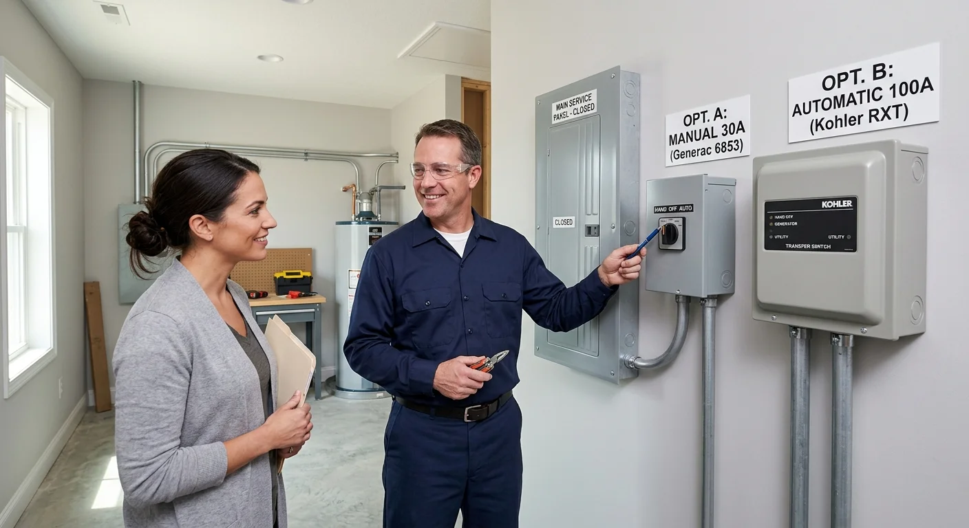 Homeowner and electrician comparing transfer equipment beside a closed panel