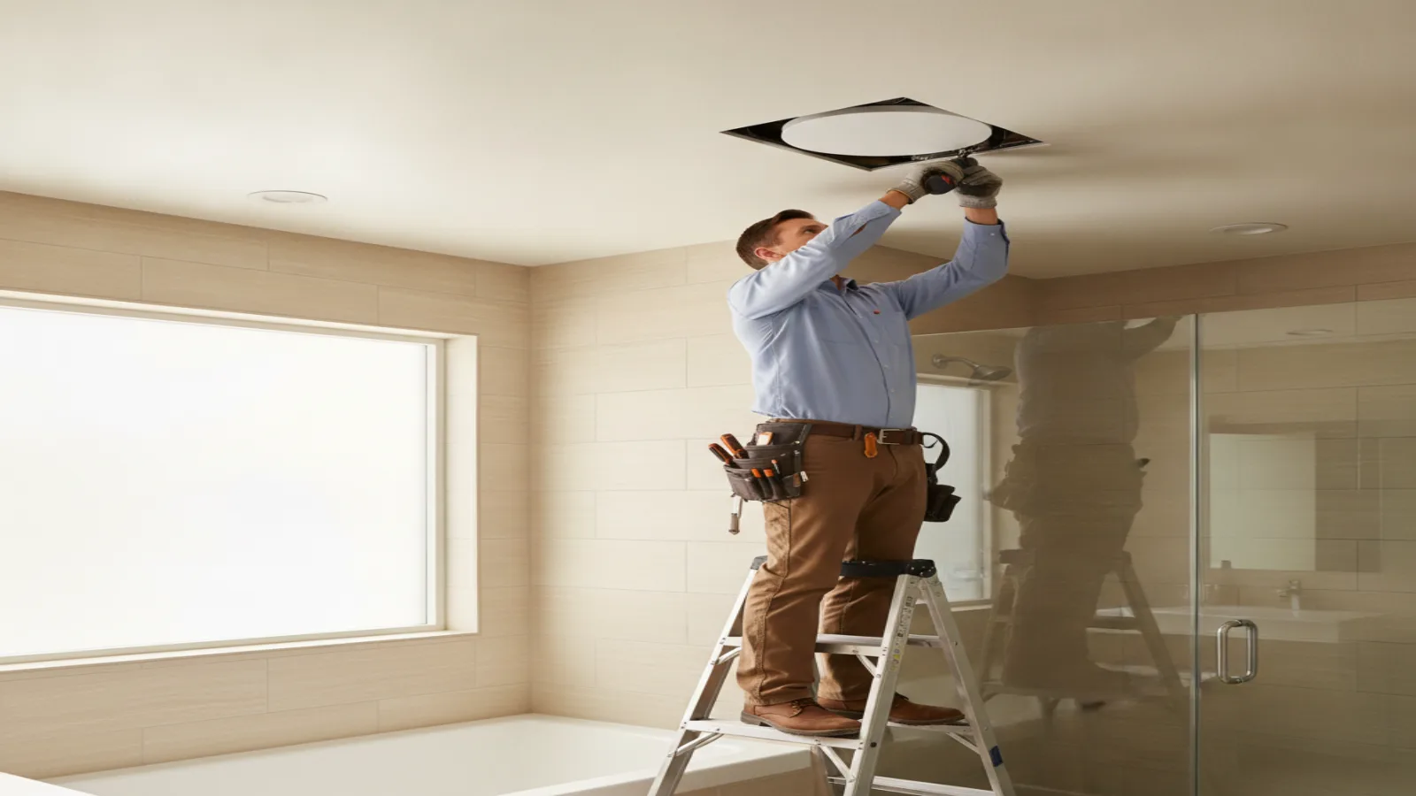 Electrician installing a white ceiling exhaust fan in a bright San Diego bathroom