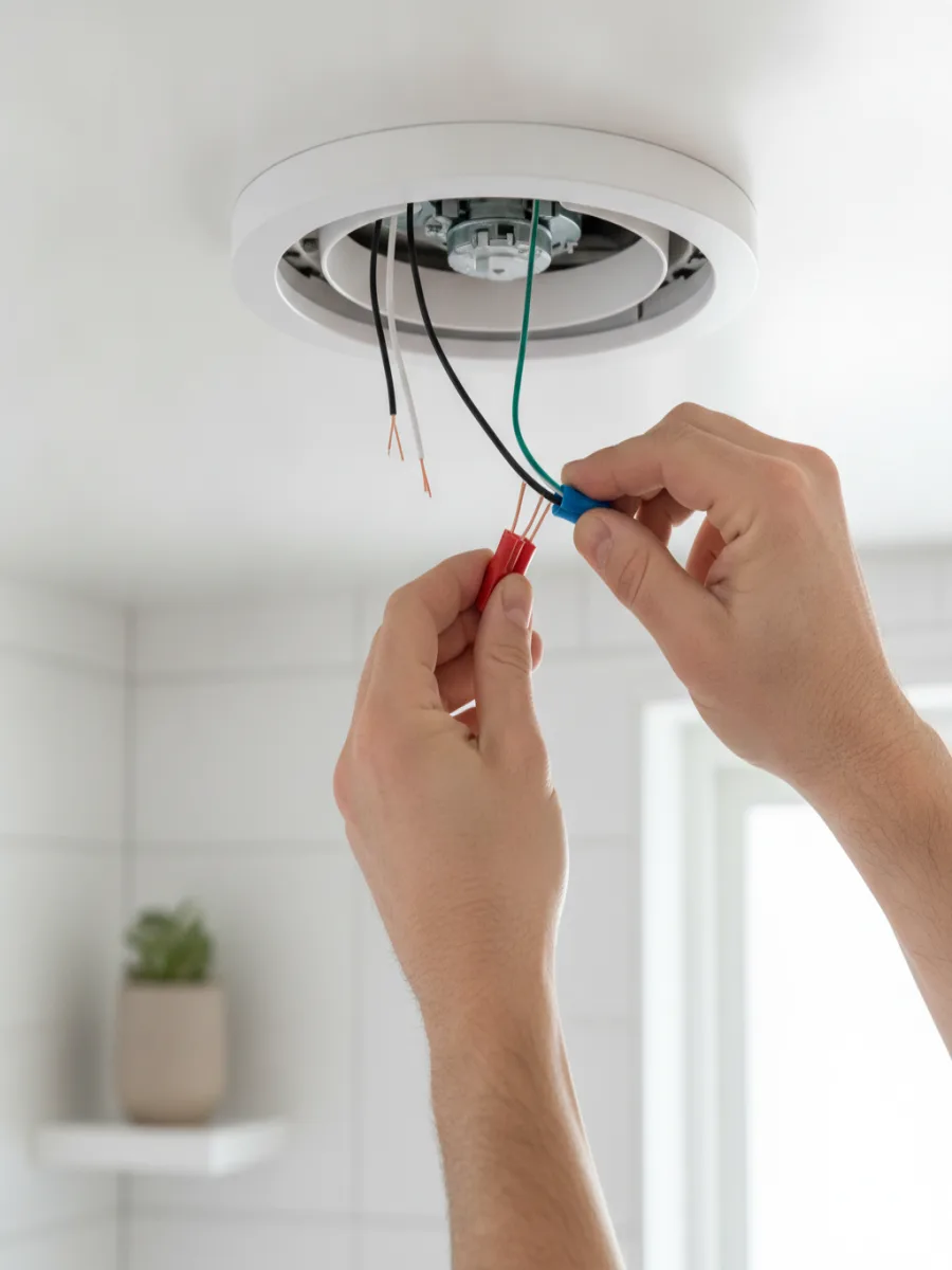 Electrician's hands wiring a new bathroom exhaust fan housing in a ceiling
