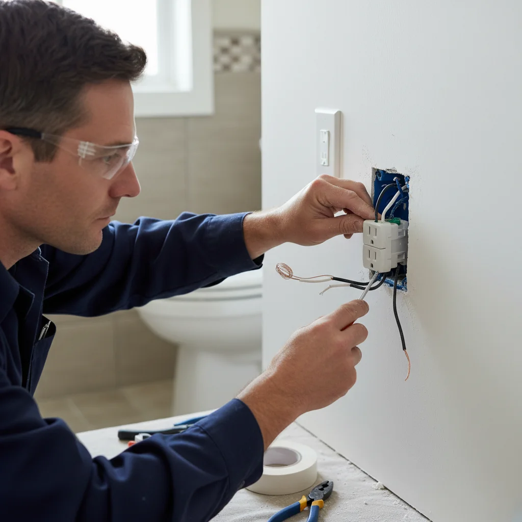 Electrician's hands installing a tamper-resistant GFCI receptacle in a bathroom wall.