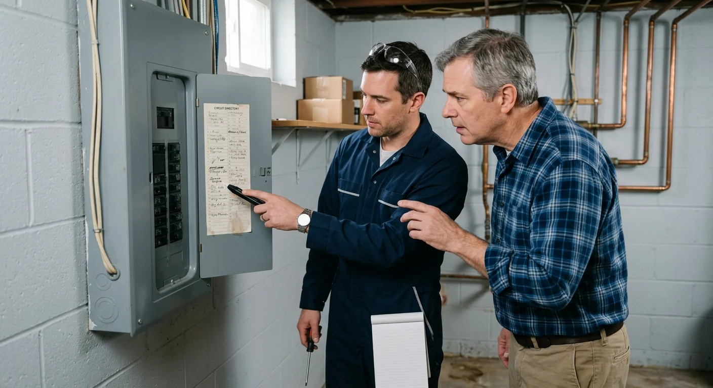 Homeowner and electrician reviewing a closed breaker panel directory