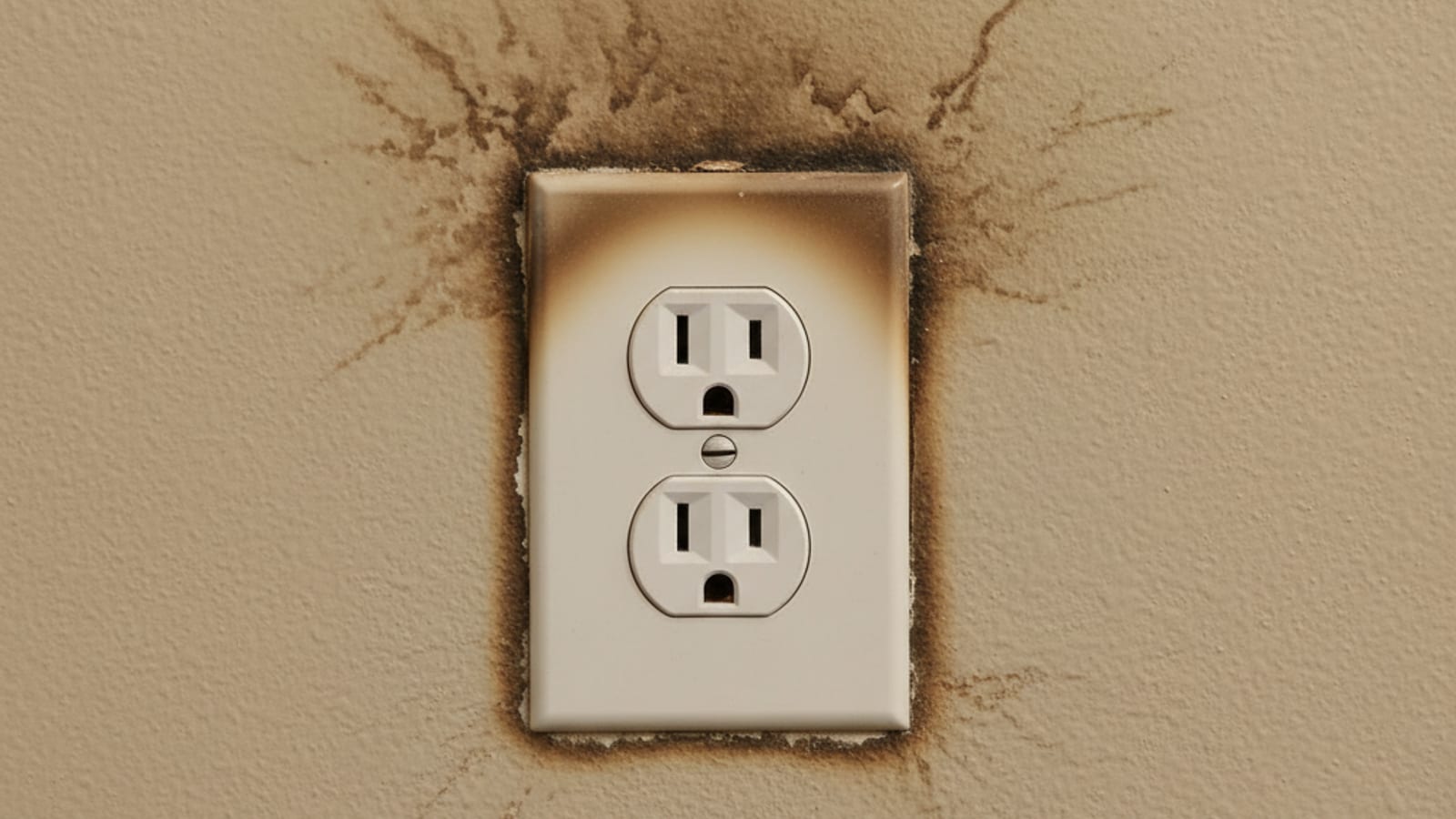 Close-up of a discolored brown scorch mark around the perimeter of a residential electrical outlet on a beige wall indicating overheating damage