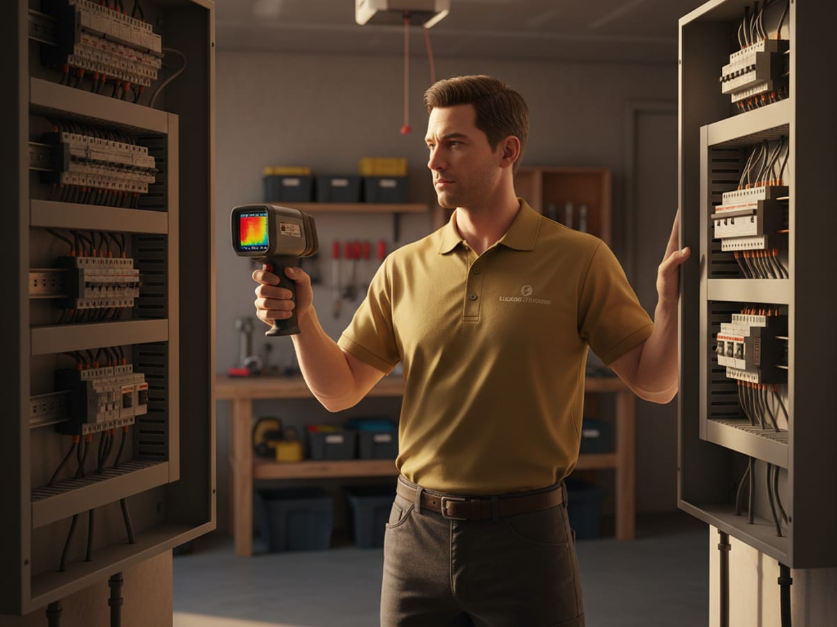 Electrician using an infrared thermal imaging camera to scan an electrical panel for hot spots that indicate failing breakers or loose connections
