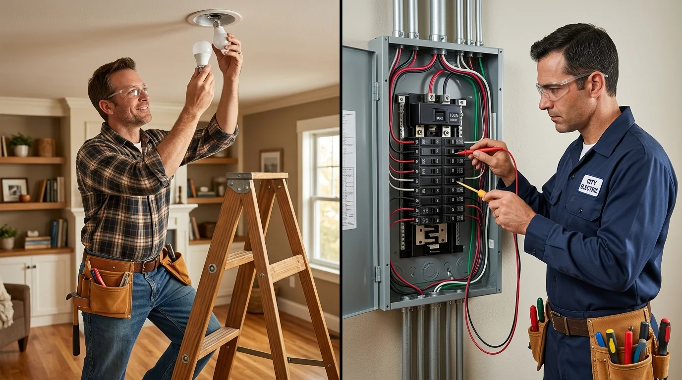 A split image showing a friendly handyman changing a lightbulb on the left, and a professional licensed electrician working on a circuit breaker panel on the right.