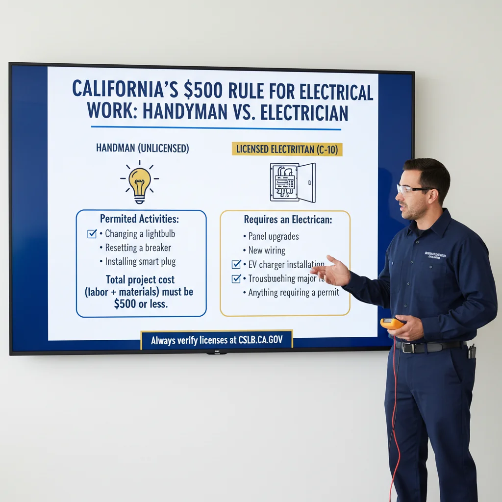 An infographic explaining California's $500 rule for handyman work, illustrating that total cost (labor + materials) must be $500 or less for unlicensed work, with examples of permitted vs. prohibited tasks.