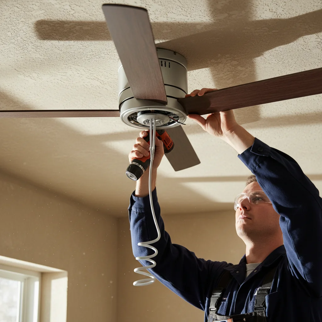 Close-up of a DC-motor ceiling fan blade tilt with sunlight streaming across a s