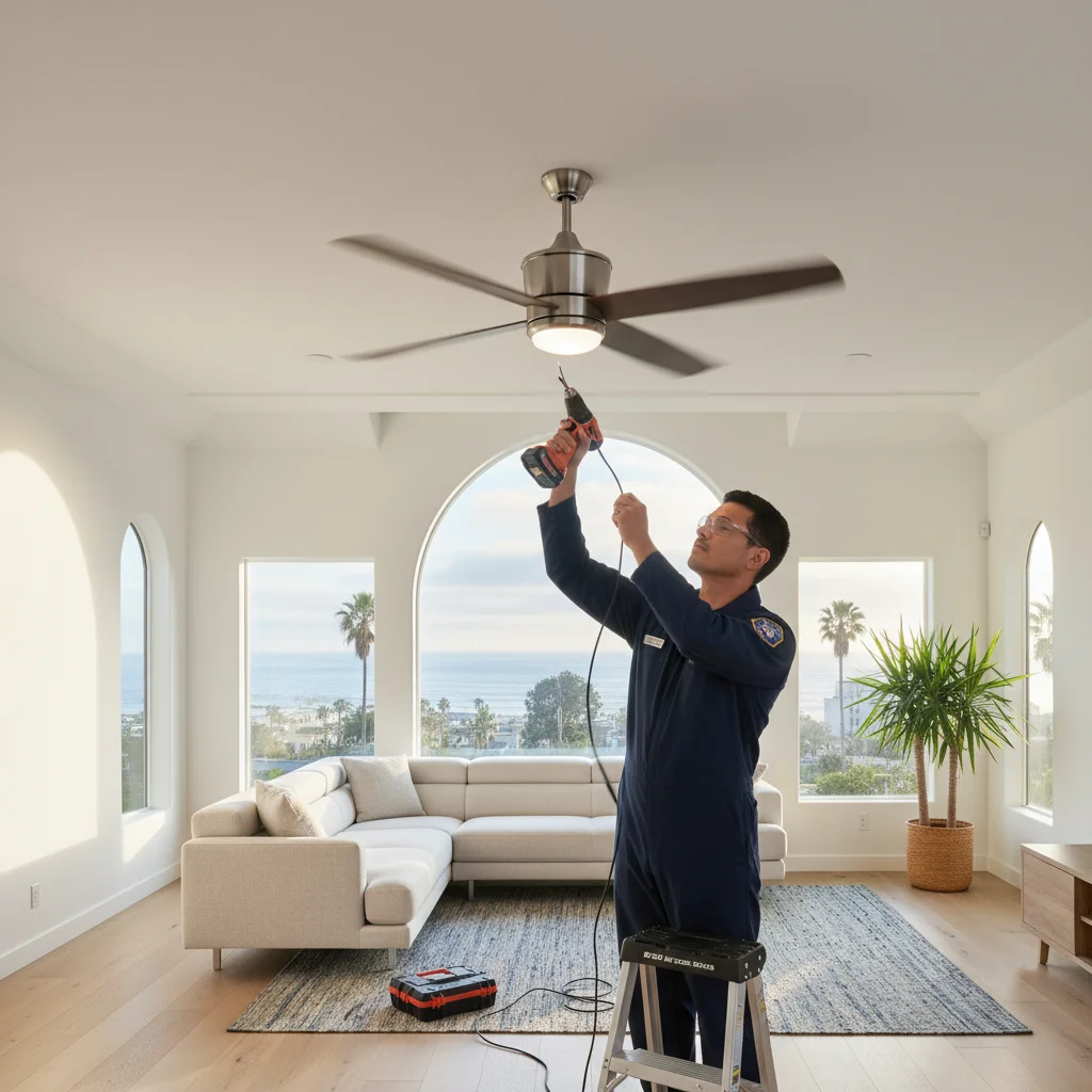 A modern ceiling fan spinning in a bright San Diego living room.