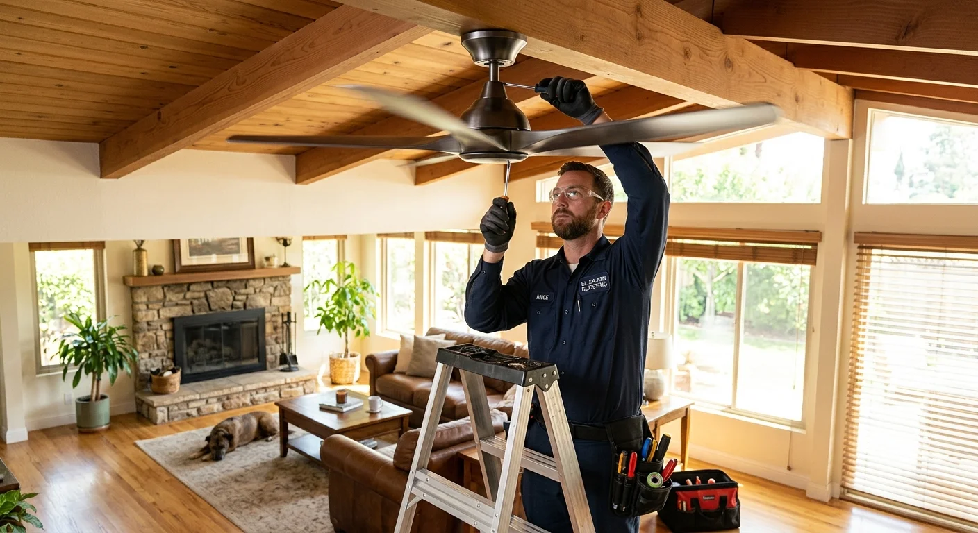 A modern ceiling fan spinning in a bright, sunny living room in an El Cajon-style ranch home, with light filtering through the windows.