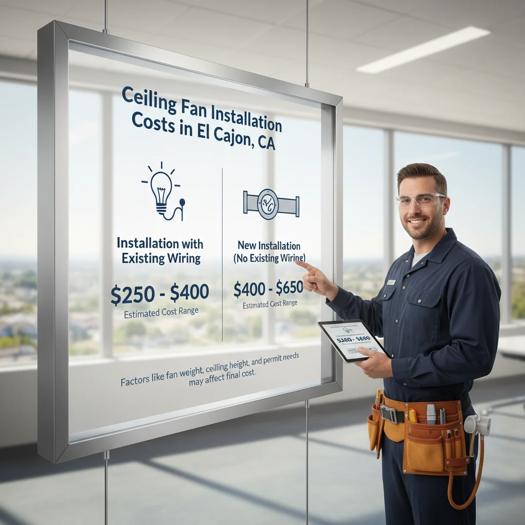 Infographic showing average cost ranges for ceiling fan installation in El Cajon, differentiating between new wiring and existing wiring setups.