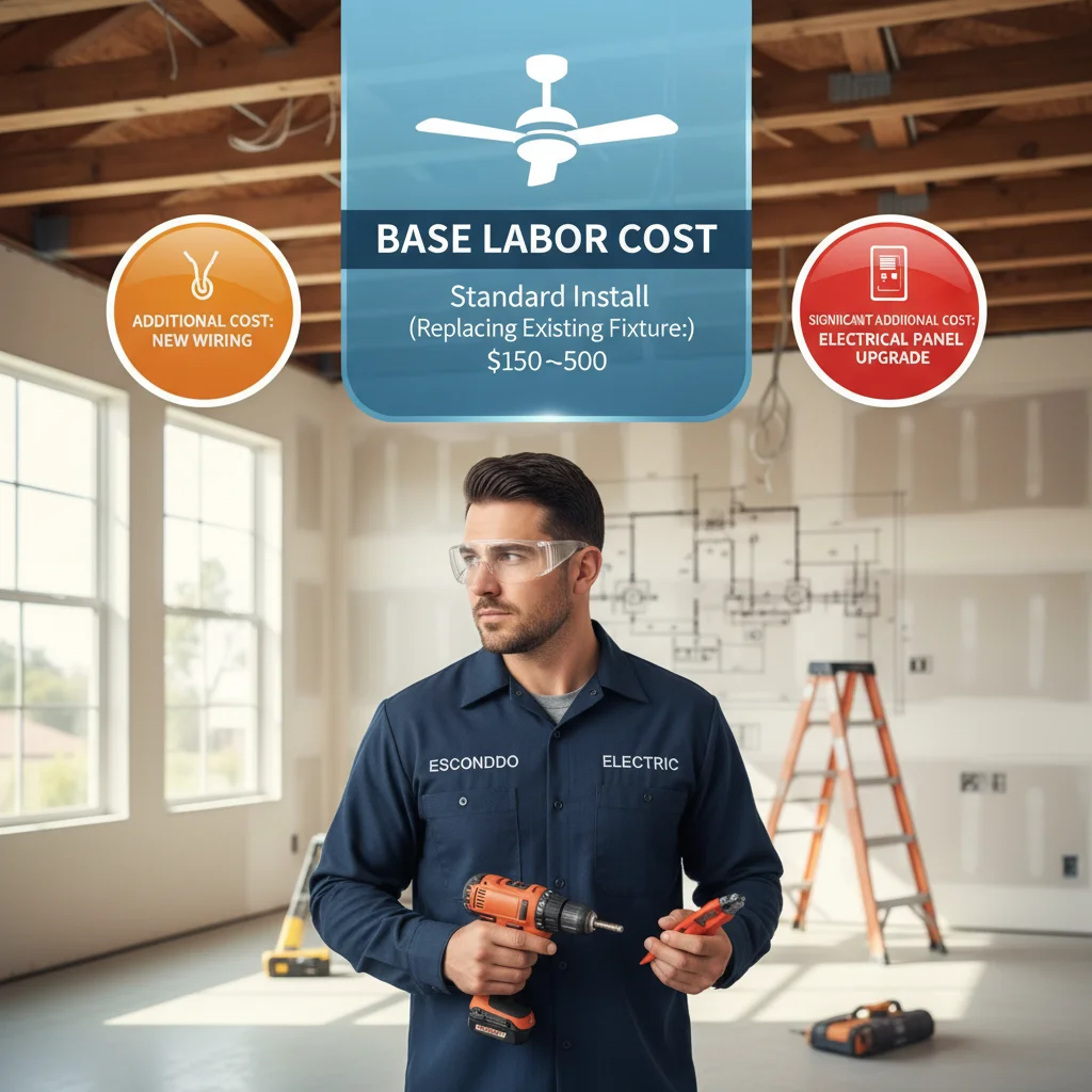 Infographic detailing the typical cost factors for ceiling fan installation in Escondido, showing base labor, additional wiring costs, and potential electrical panel upgrade expenses.