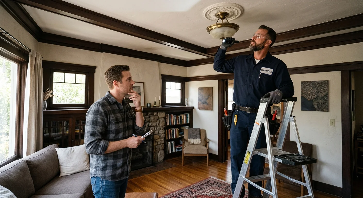 Homeowner and electrician reviewing a living-room ceiling in an older La Mesa bungalow