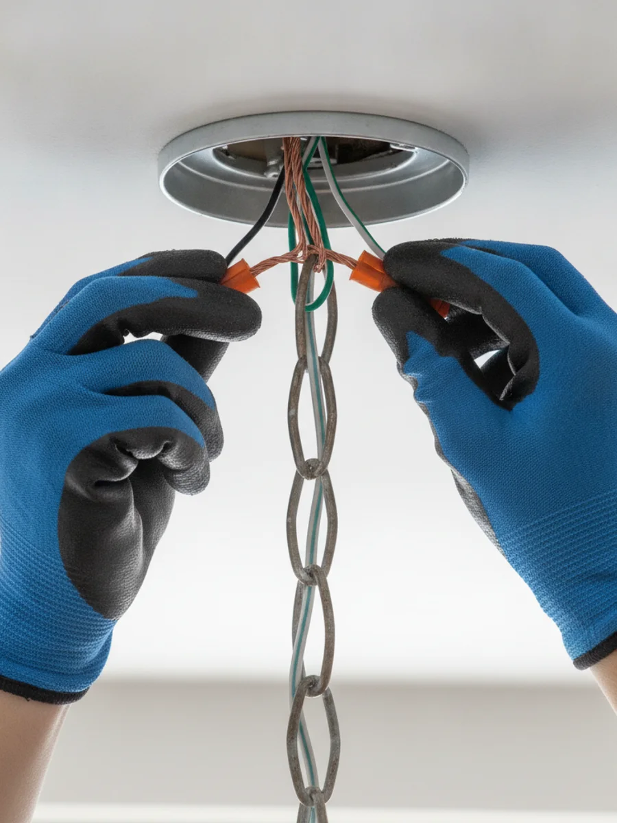 Electrician's hands wiring a chandelier canopy at a ceiling junction box