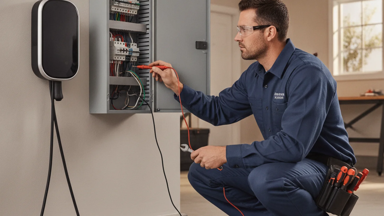 Electrician replacing a single circuit breaker inside an open San Diego home electrical panel