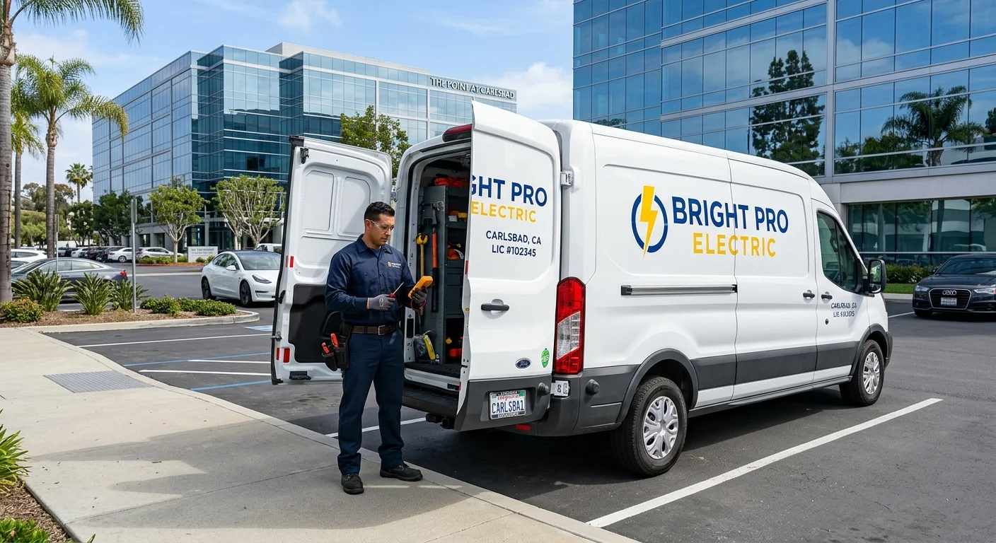 A clean Bright Pro Electric van parked in the lot of a modern office park in Carlsbad, with glass-fronted buildings in the background.