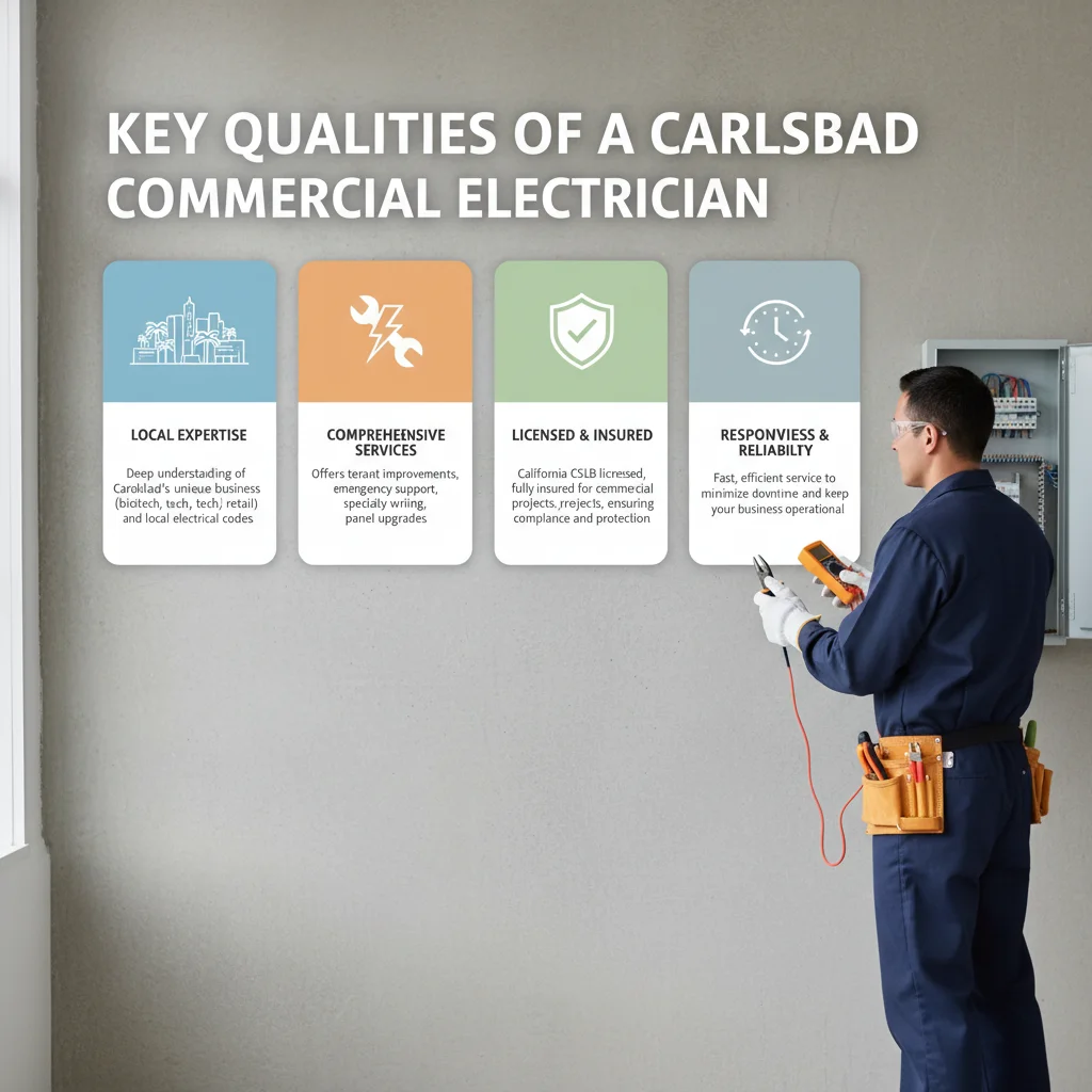 An infographic detailing key considerations and questions when selecting a commercial electrician in Carlsbad, CA.