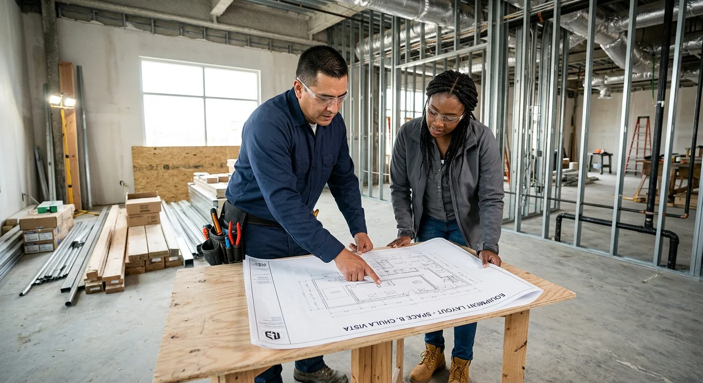 Tenant and commercial electrician reviewing plans inside a Chula Vista storefront