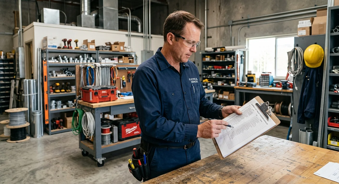 Escondido business owner and electrician reviewing an equipment list in a light-industrial bay