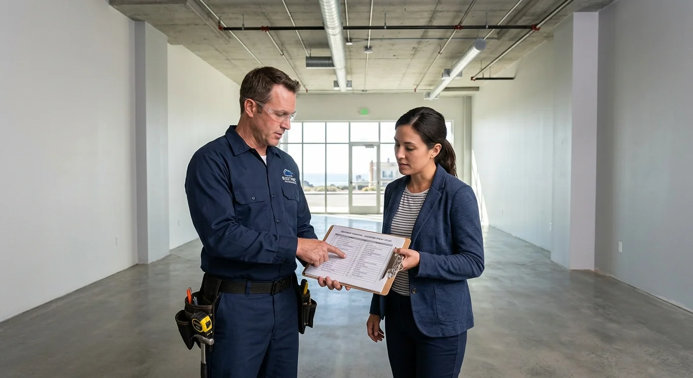 An Oceanside tenant and commercial electrician reviewing equipment plans inside an empty leased space