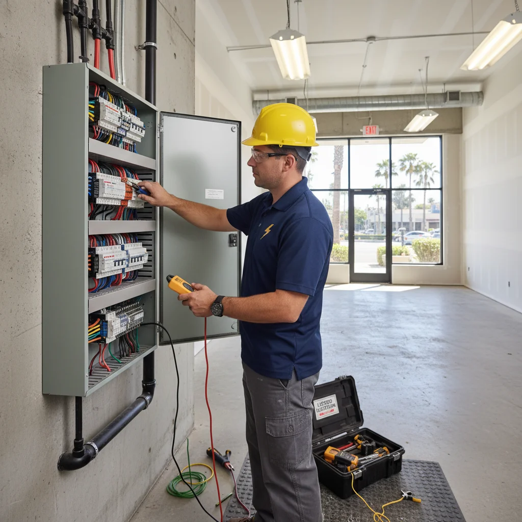 Licensed electrician in a hard hat working on a three-phase panel inside a San Diego retail tenant space