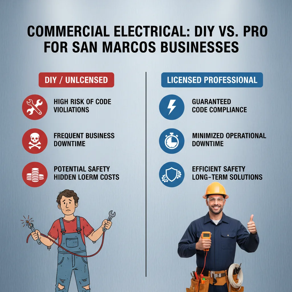 An infographic comparing the benefits of hiring a licensed commercial electrician versus attempting DIY or unlicensed electrical work for San Marcos businesses.