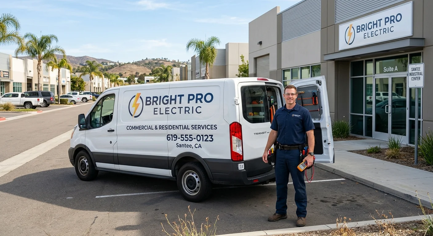 A clean Bright Pro Electric van parked in front of a modern light industrial or commercial building in Santee, CA during business hours.
