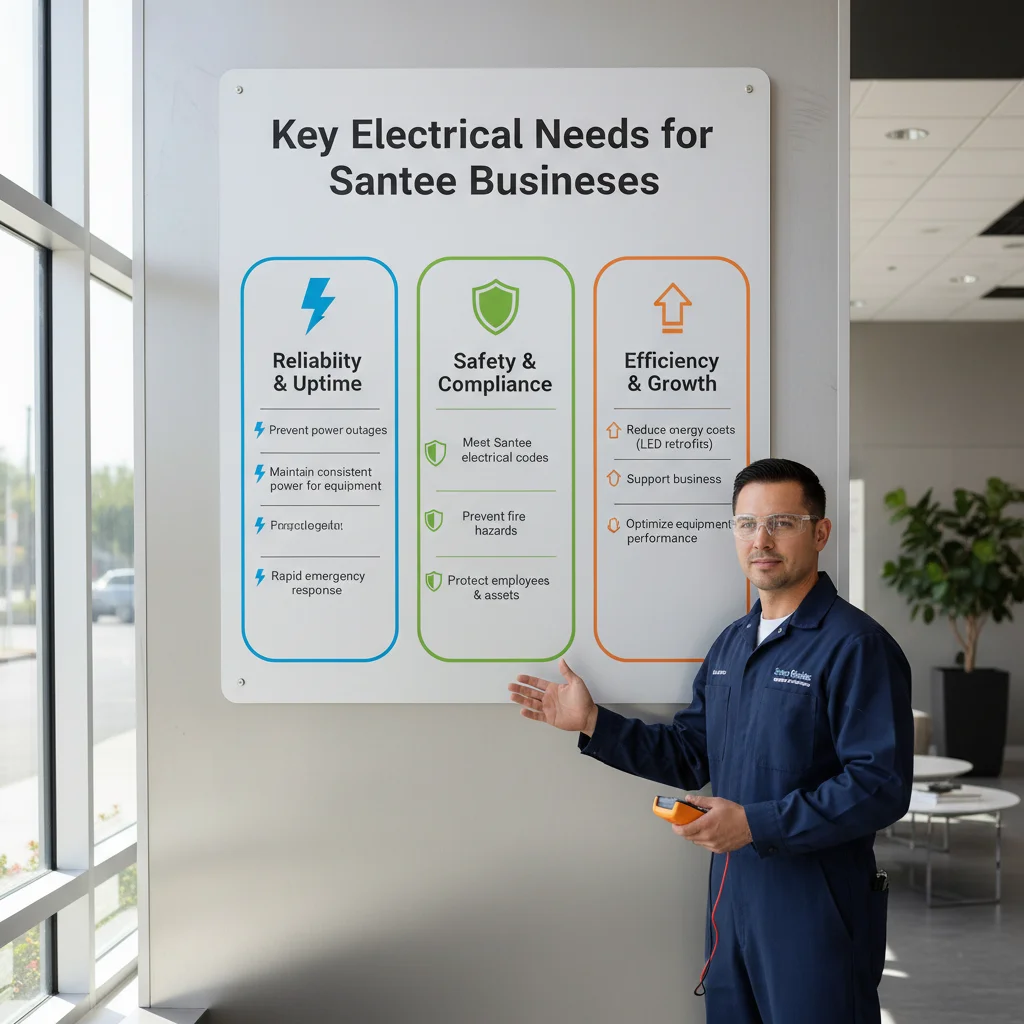 Infographic detailing the core needs of Santee businesses from a commercial electrician, including reliability, safety, and operational efficiency.