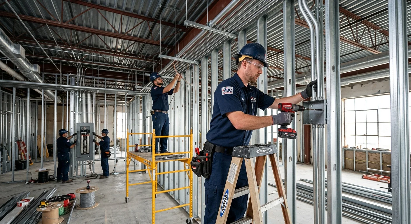 A team of professional electricians in uniform installing conduit and wiring in a commercial space with exposed ceilings and steel studs, representing a new tenant improvement project.