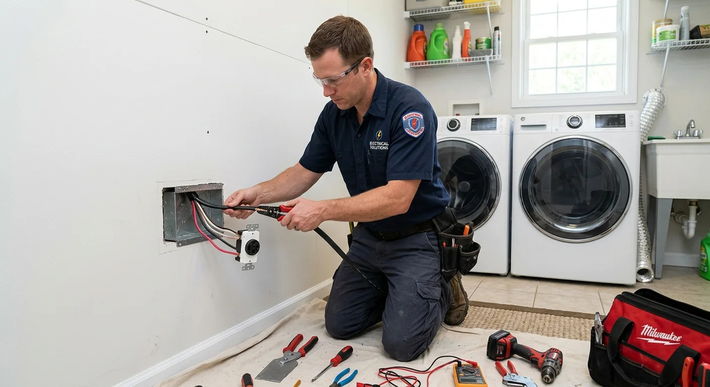 An electrician neatly installing a new 240V dryer outlet on a laundry room wall.