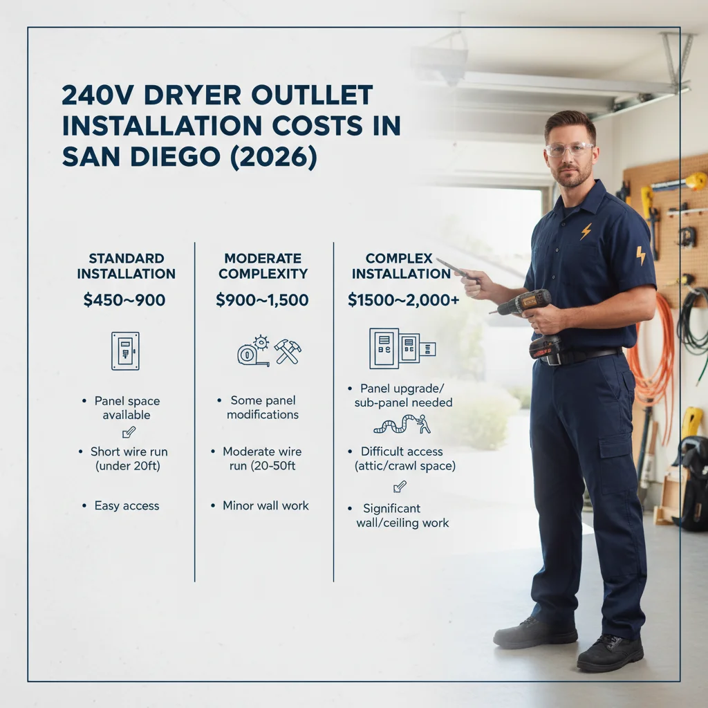 Infographic detailing average 240v dryer outlet installation costs in San Diego for standard, moderate, and complex scenarios, including typical price ranges and factors.