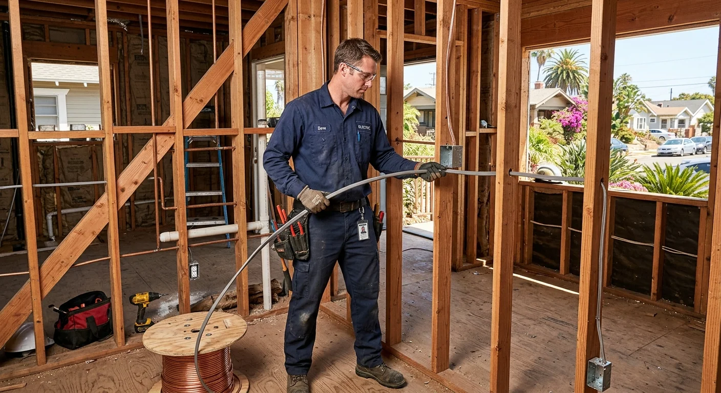 An electrician carefully pulling new copper wiring through the exposed studs of a home under renovation in a classic San Diego neighborhood.