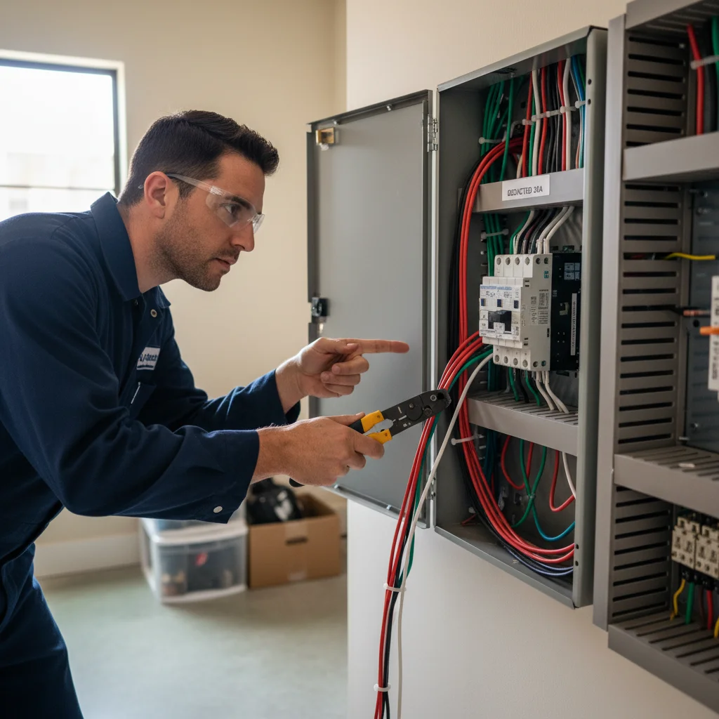 A cleanly wired electrical panel with a labeled 20-amp dedicated circuit breaker.