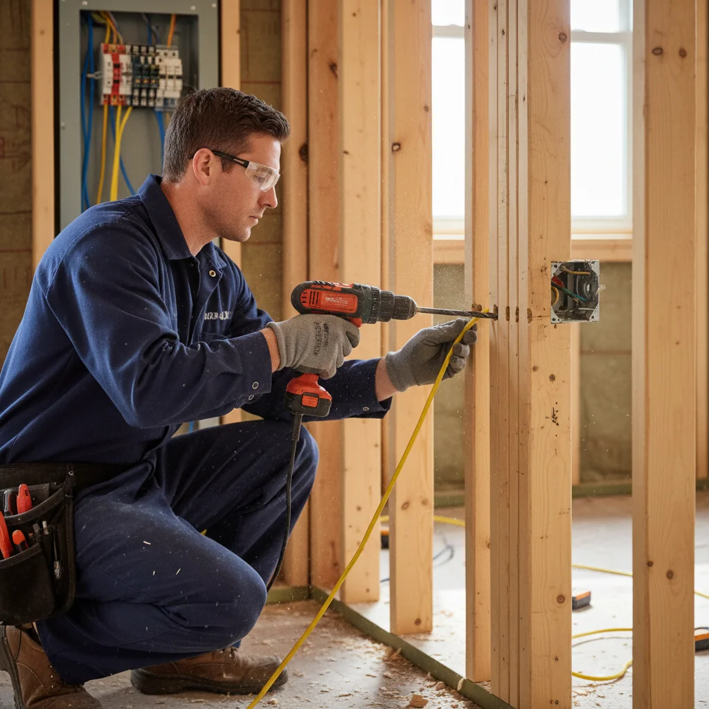 An electrician routing a yellow 12-gauge Romex wire through wall framing for a new circuit.