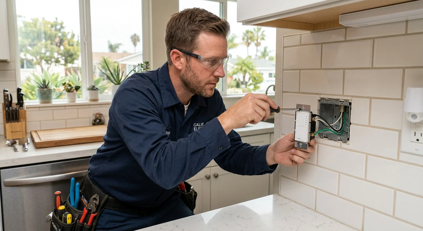 An electrician installing a modern Lutron dimmer switch on a tiled kitchen backsplash in a San Diego home