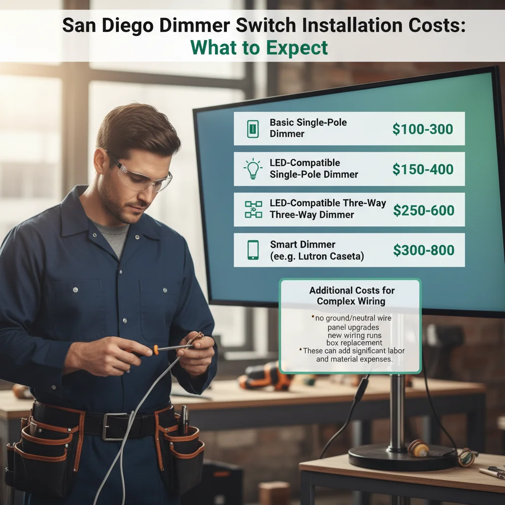 Infographic detailing the factors affecting dimmer switch installation costs in San Diego, including switch type, wiring complexity, and labor.
