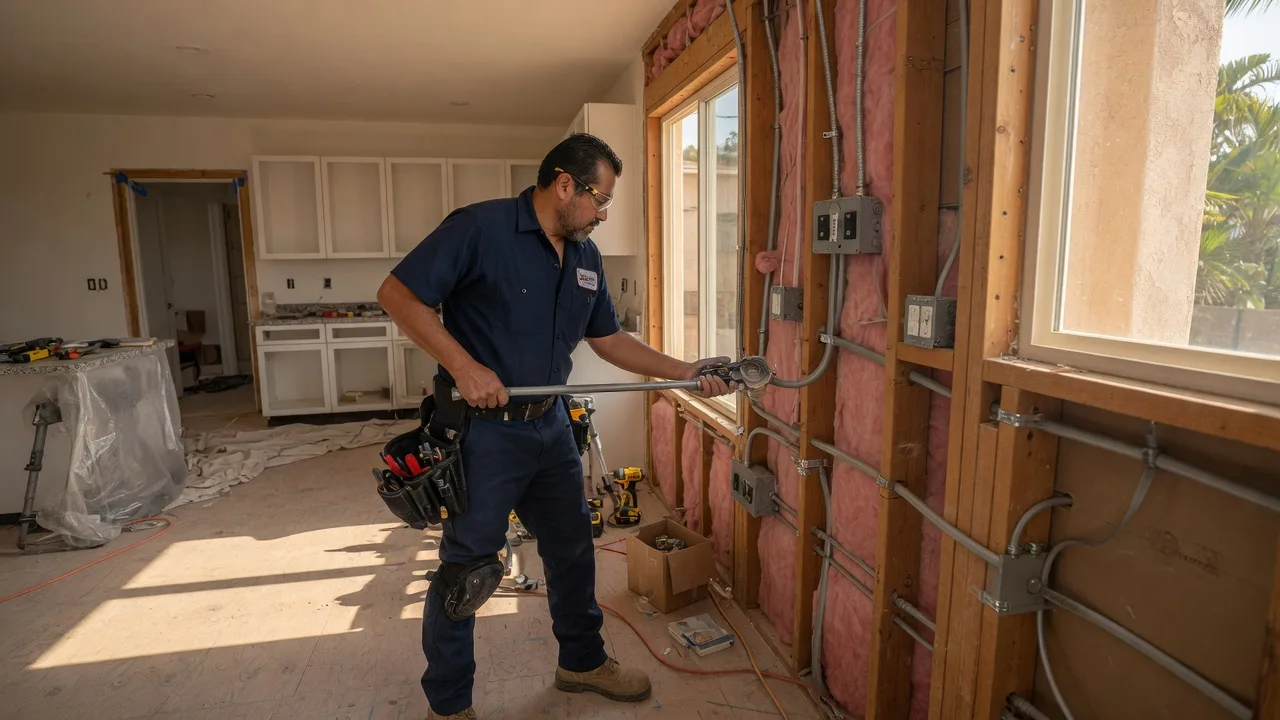A San Diego homeowner and electrician reviewing an open-wall remodel plan