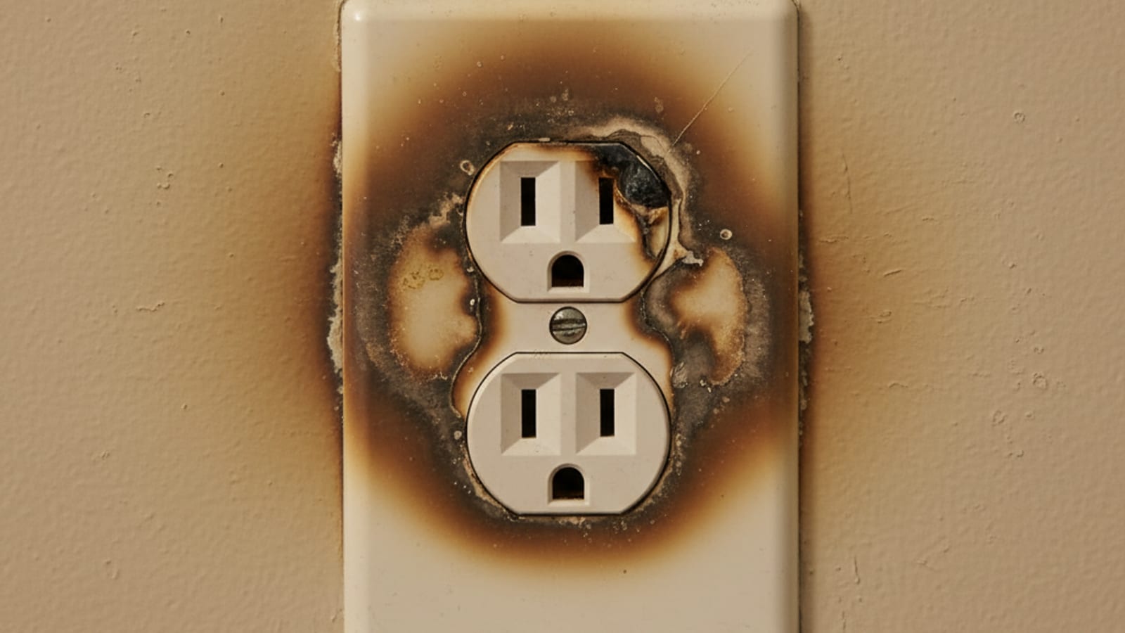 Documentary close-up of a heat-damaged electrical outlet with brown scorching around the perimeter on a beige interior wall illustrating residential electrical fire risk